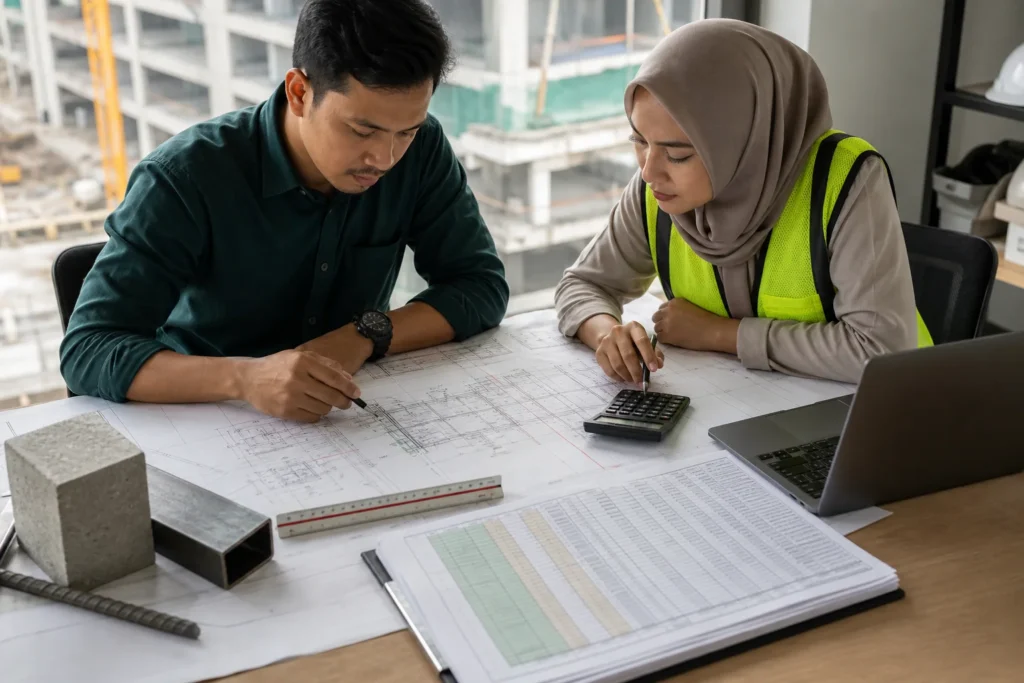 Quantity surveyor checking a construction bill of quantities against drawings and specifications before tender