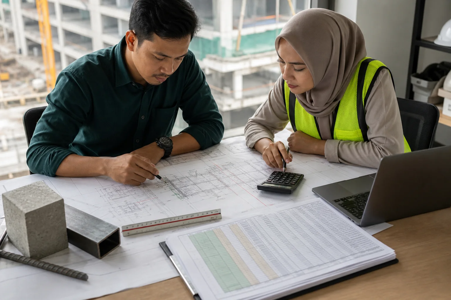 Quantity surveyor checking a construction bill of quantities against drawings and specifications before tender