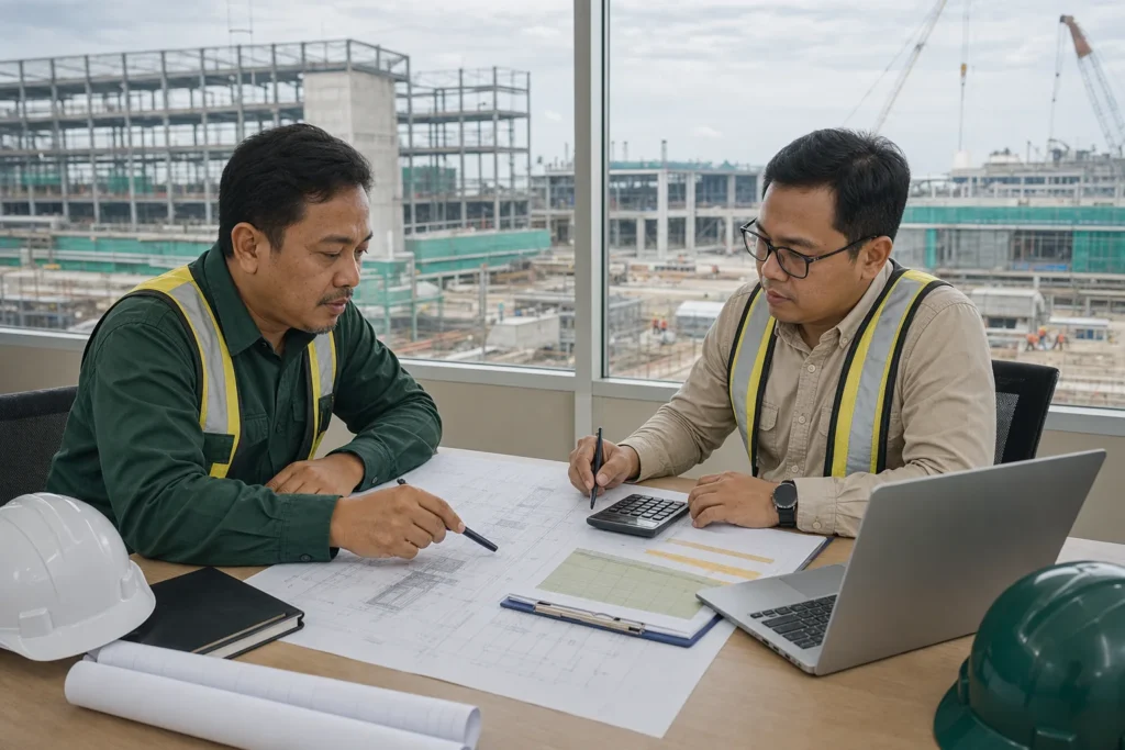 Project owner and quantity surveyor reviewing a construction cost plan in Indonesia