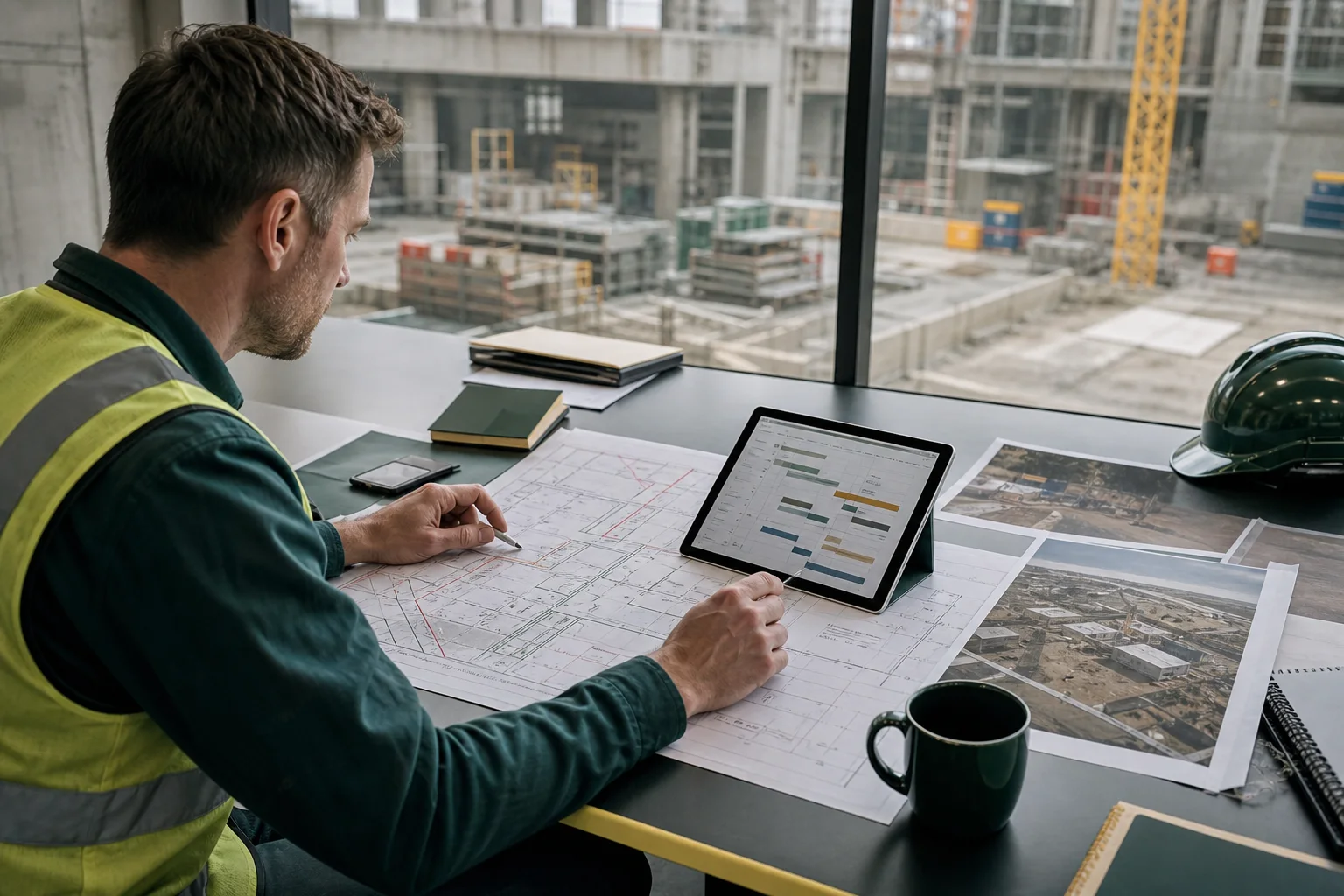 Project controls planner comparing site progress with a programme