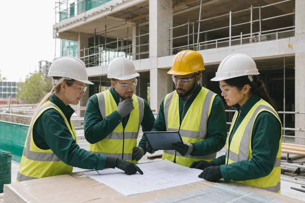 Construction project team coordinating work from plans and a tablet