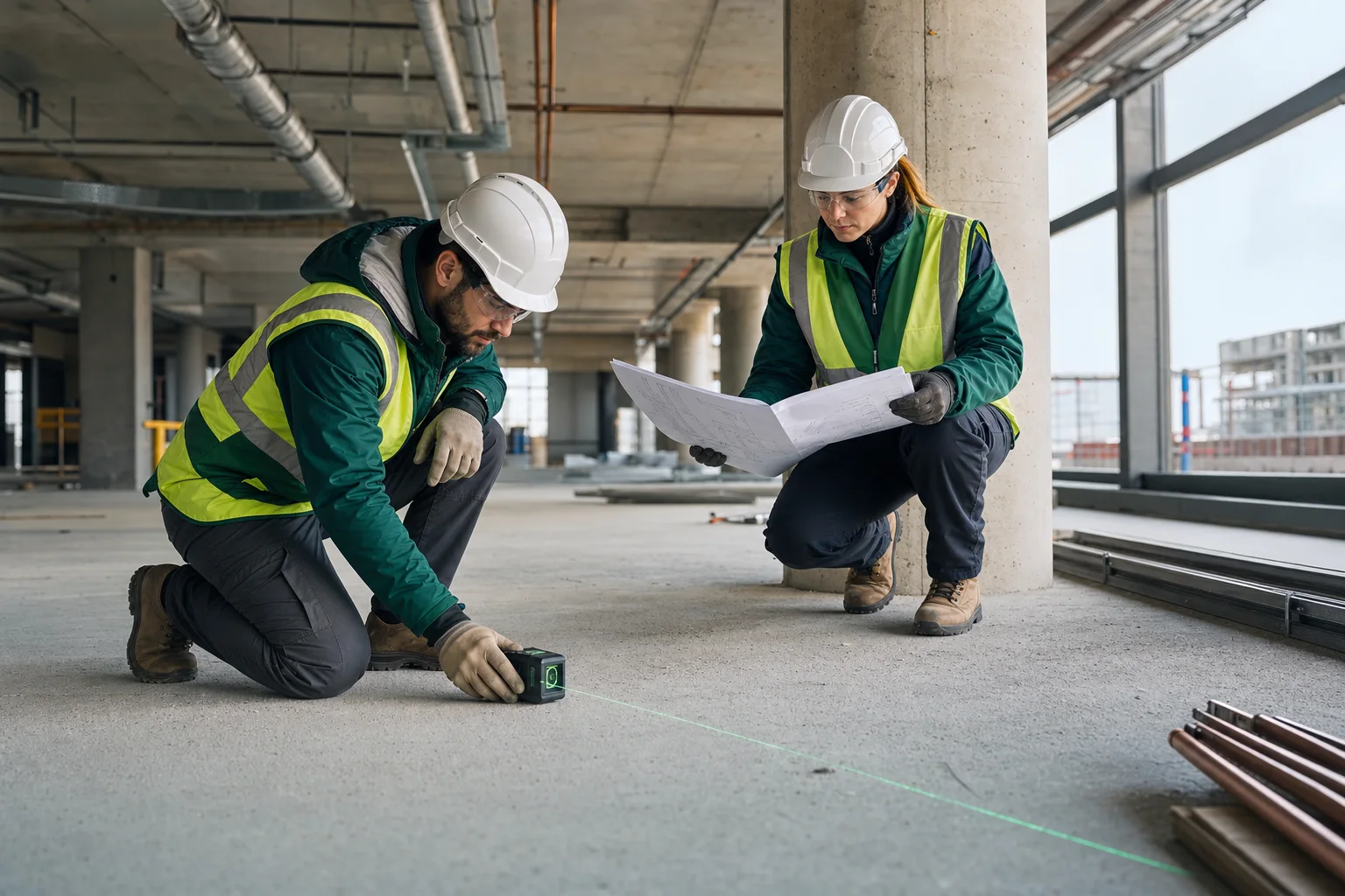 Quantity surveyor measuring completed work against construction drawings