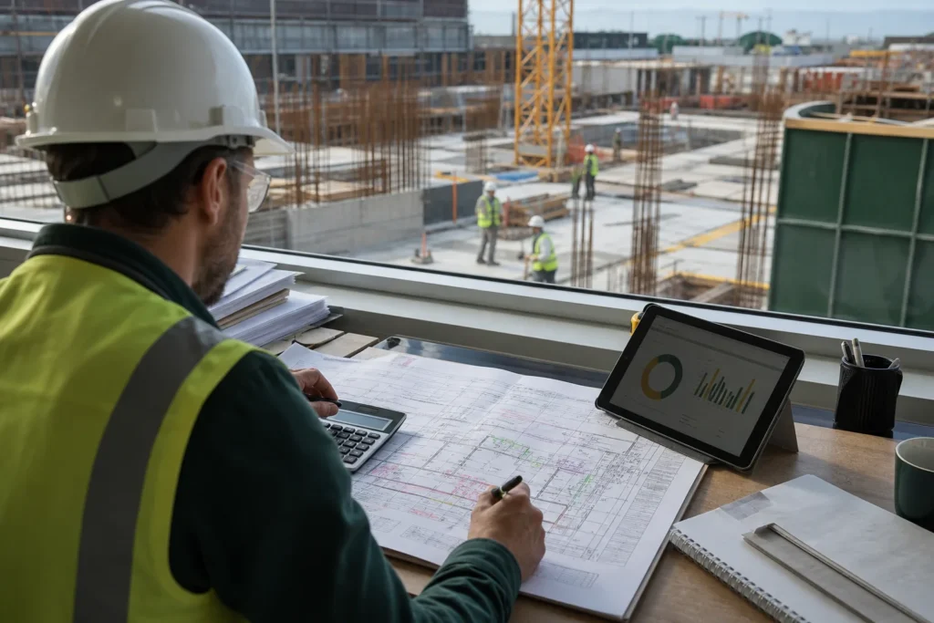 Quantity surveyor reviewing drawings, cost data, and site progress