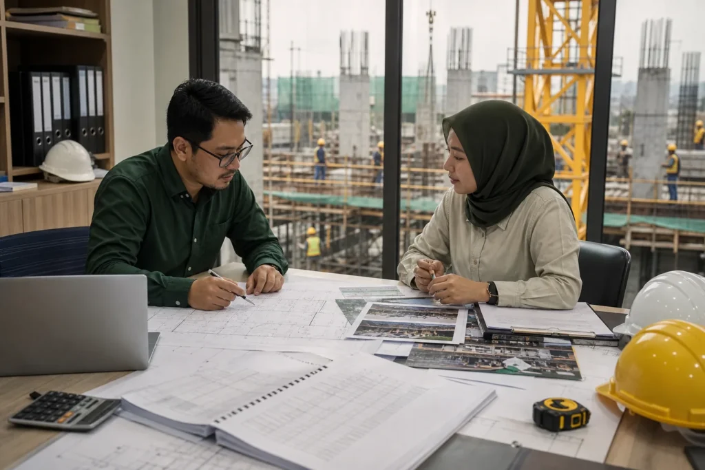 Quantity surveyor comparing pre-contract cost plans with post-contract cost reports and construction drawings