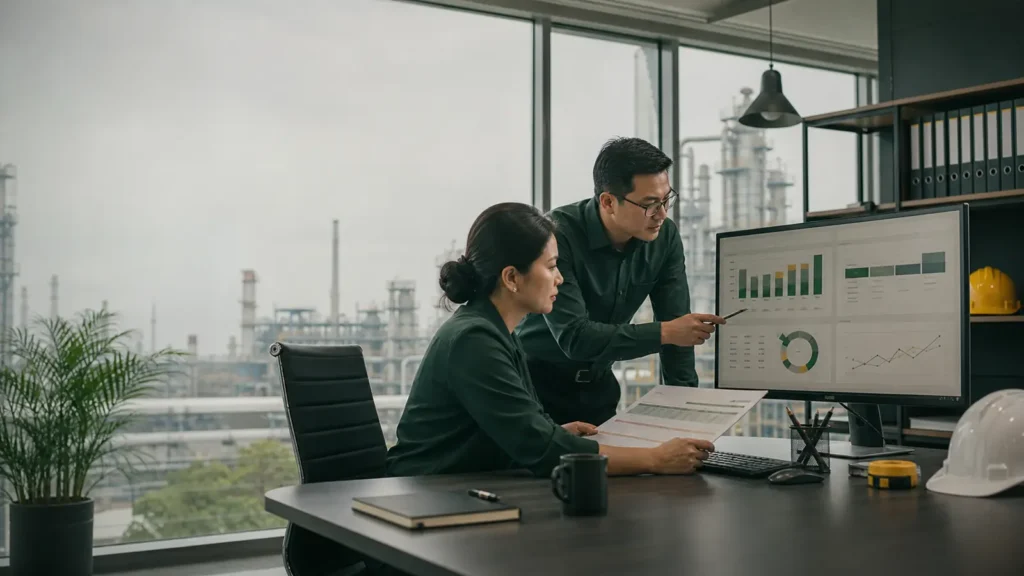 Project owner and quantity surveyor reviewing a monthly construction cost report
