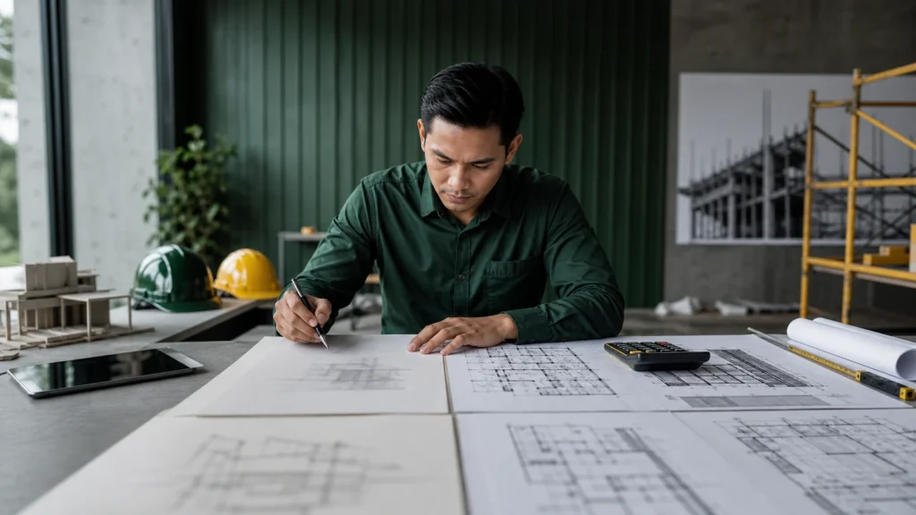 Construction estimator comparing cost information across project design stages