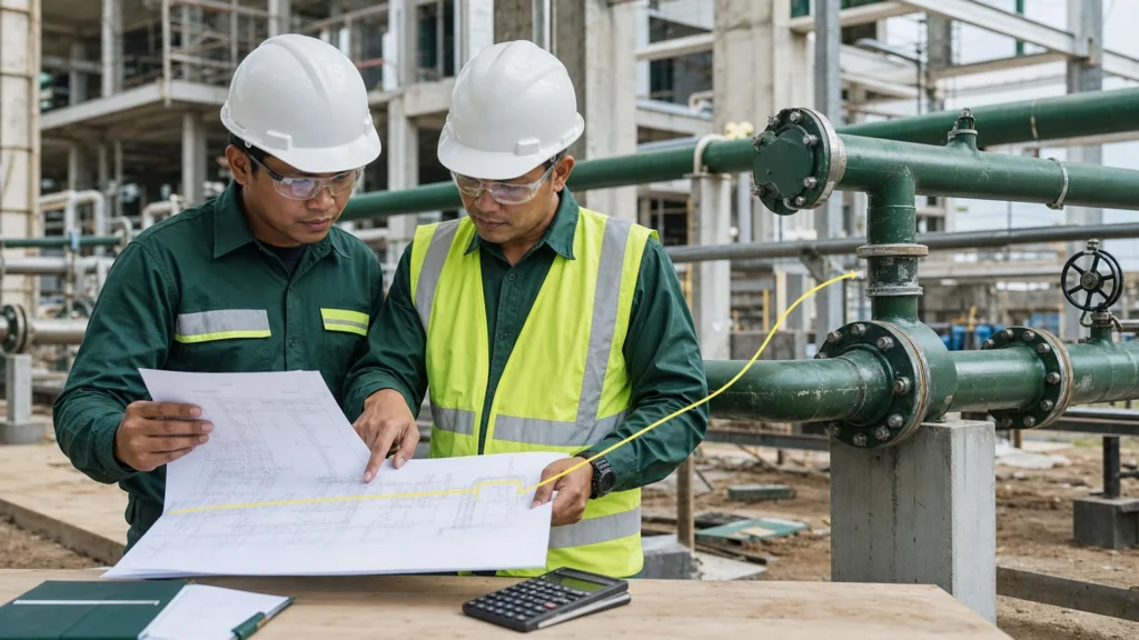 Quantity surveyor and site engineer reviewing a construction variation