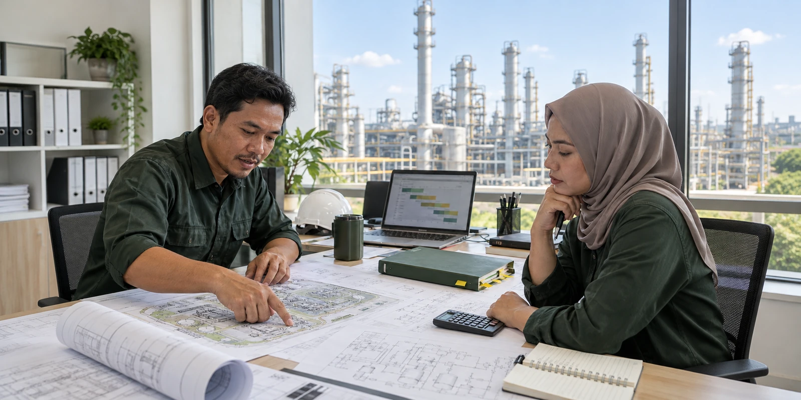 Two project professionals reviewing refinery layout drawings and a FEED cost estimate