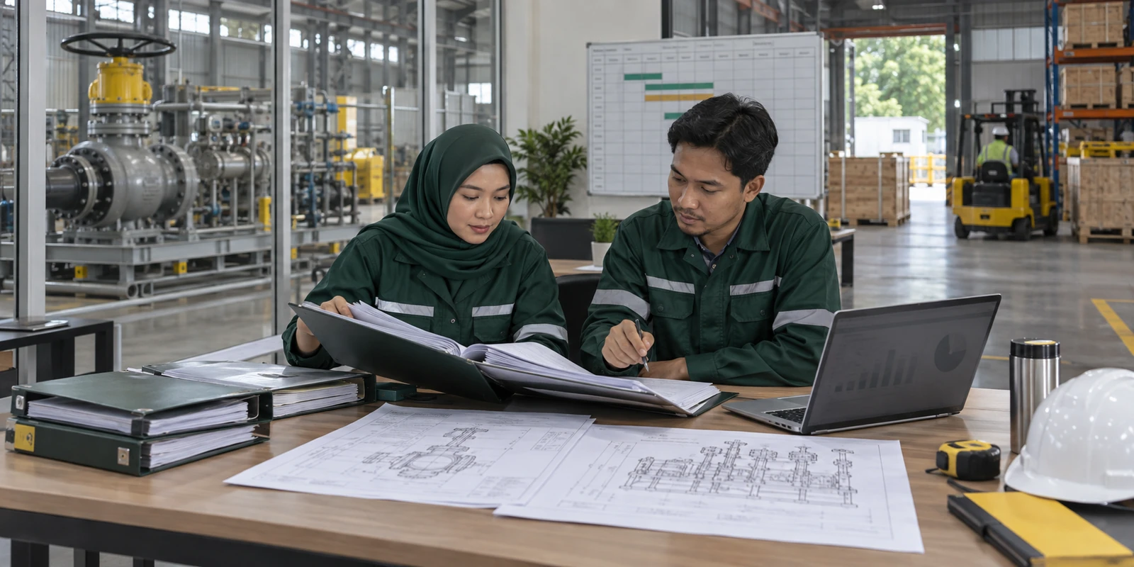 Quantity surveyor and procurement engineer comparing oil and gas equipment package costs