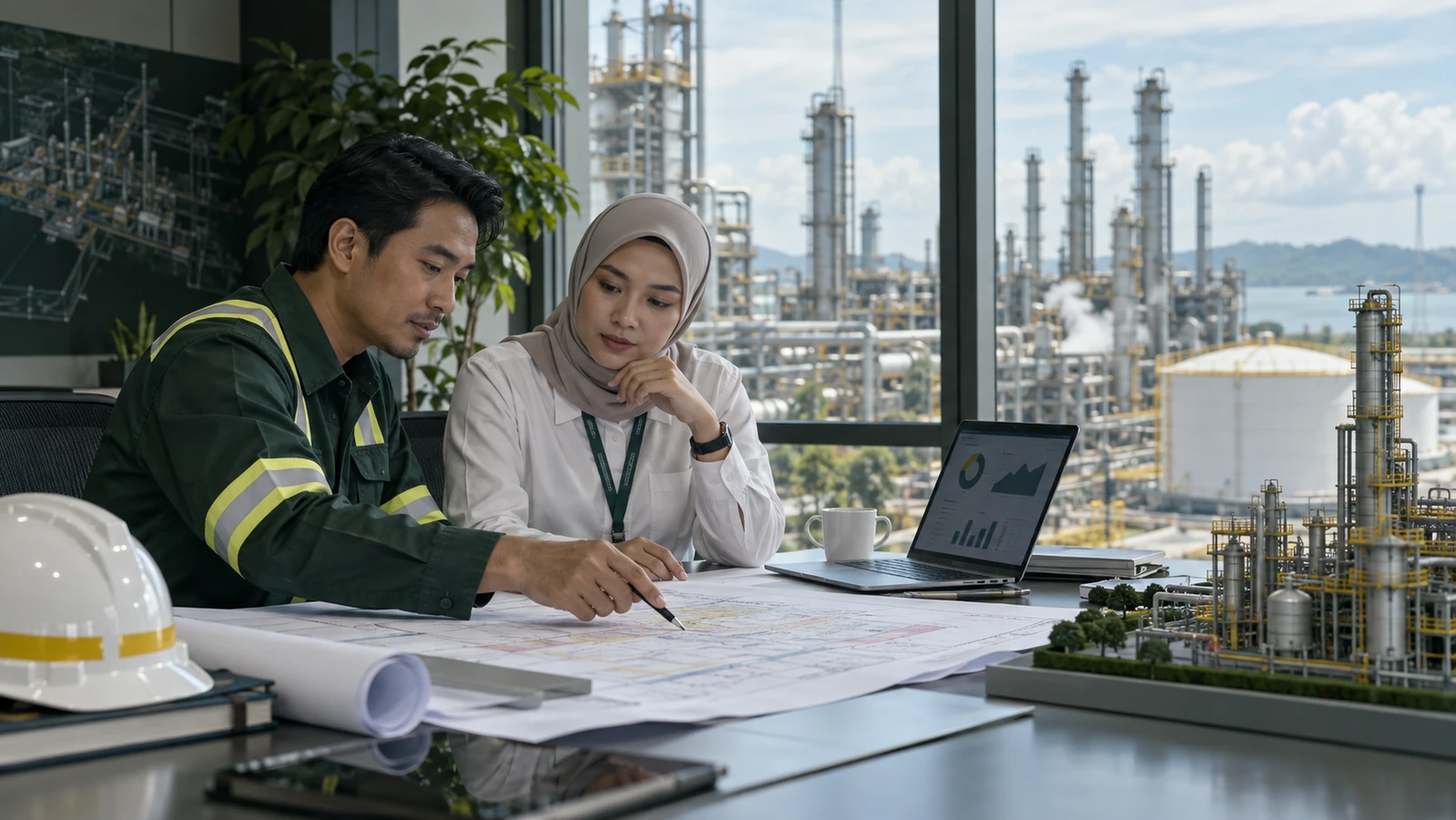 Quantity surveyor reviewing oil and gas EPC cost controls with a project owner